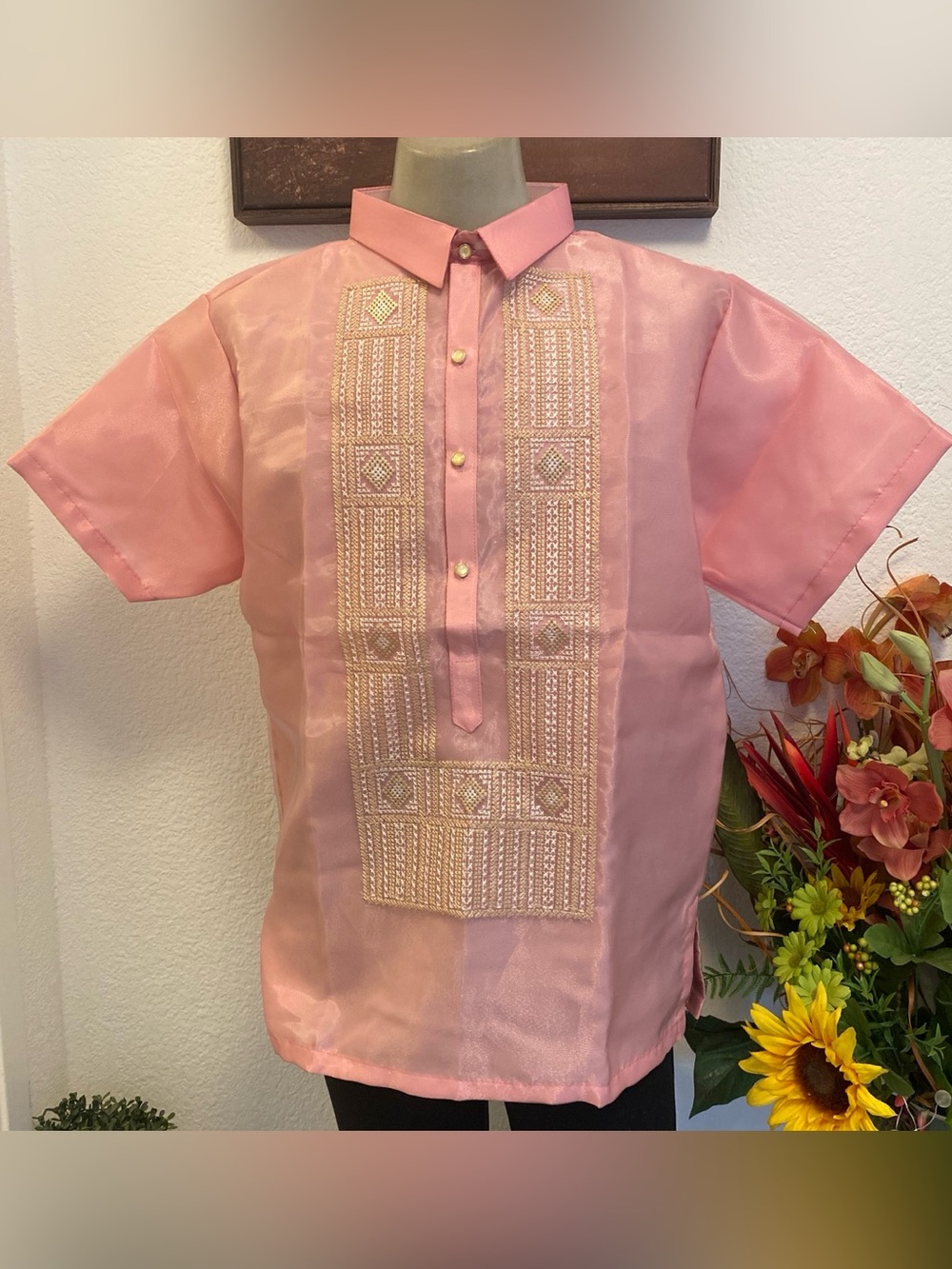 Pink Mens' Embroidered Traditional Short Sleeves Barong Tagalog